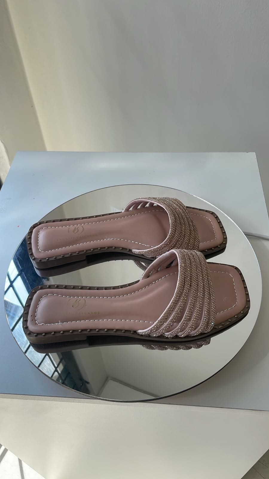 Rasteira Slide Nude com Tiras de Strass